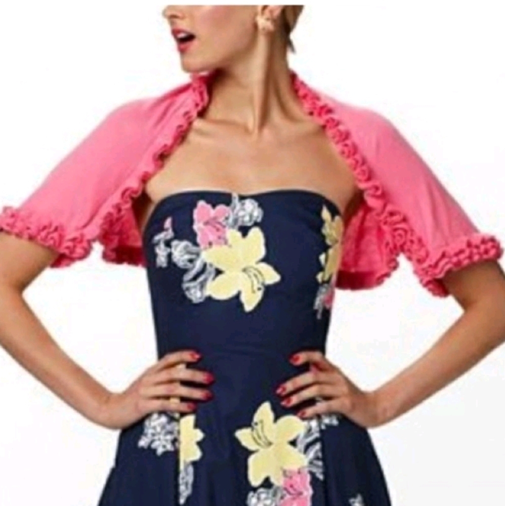 NWT Lilly Pulitzer M/L Phoebe Sweater, Yellow, Ruffle Open‎ Front Cropped Shrug, - Picture 5 of 5